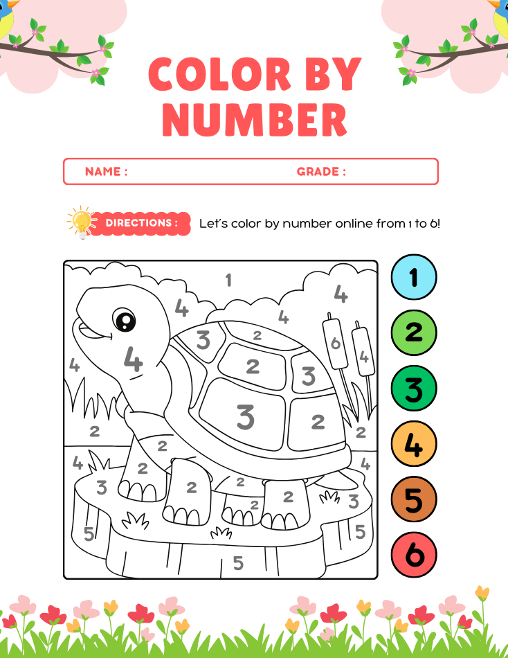Preschool Turtle Color by Number Worksheet - Free Printable PDF preview