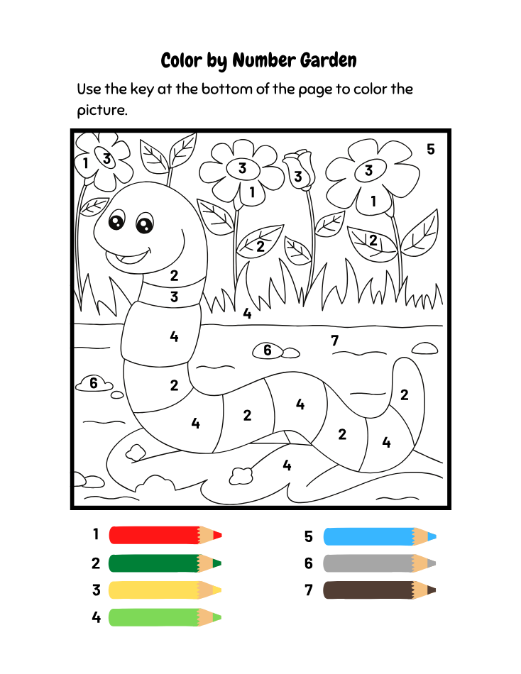 Preschool Worm Color by Number Worksheet - Free Printable PDF preview