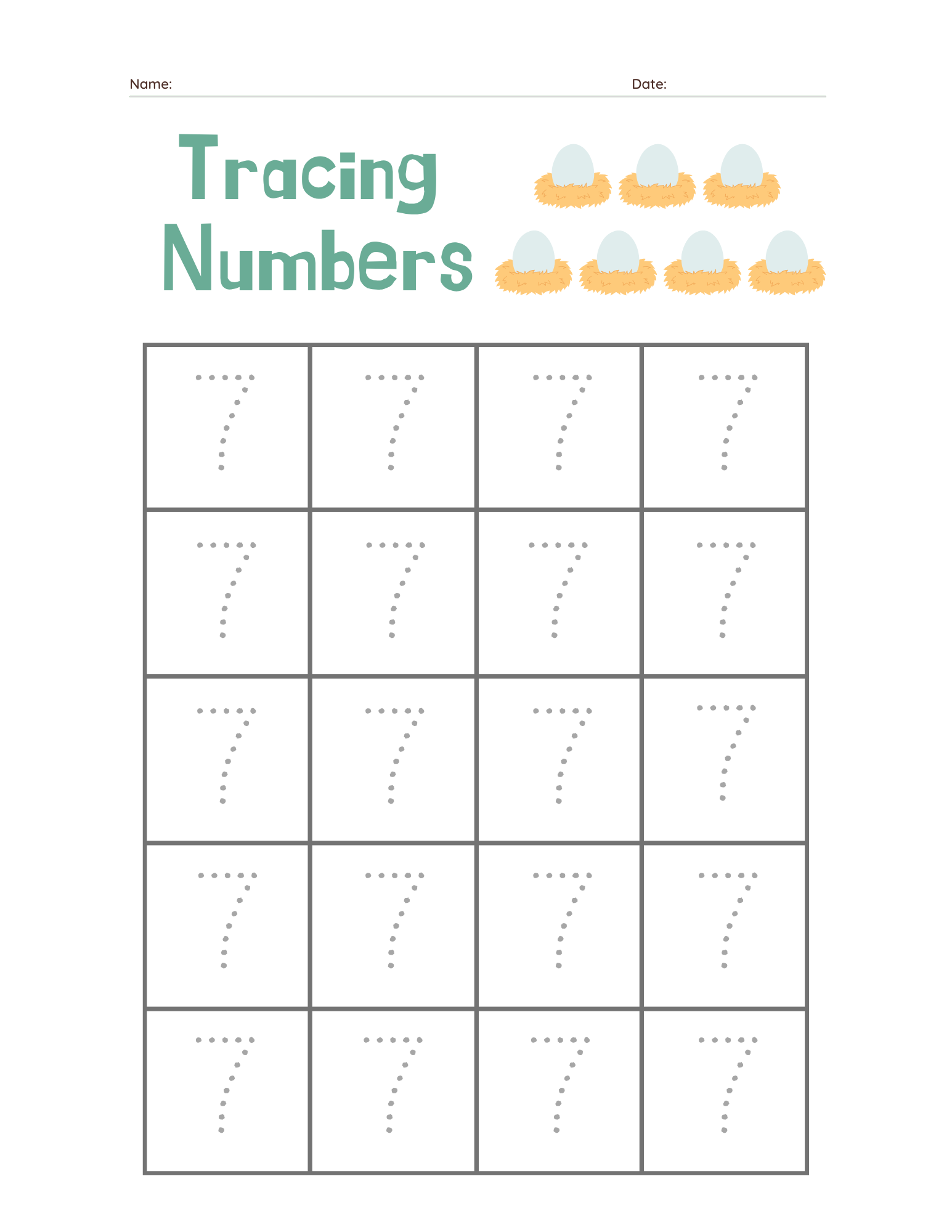Preschool Number 7 Tracing Practice - Free Printable PDF preview