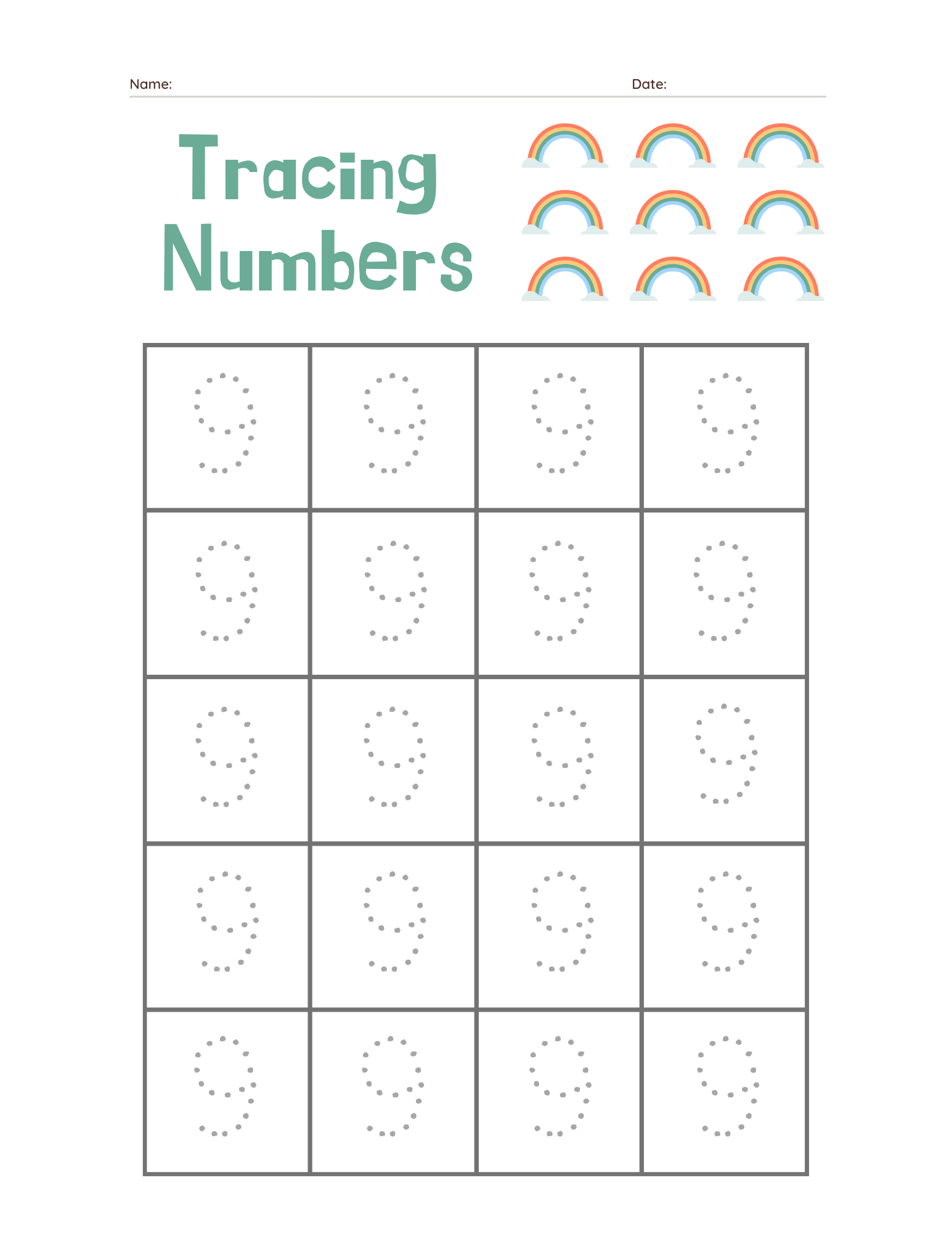 Preschool Number 9 Tracing Practice - Free Printable PDF preview